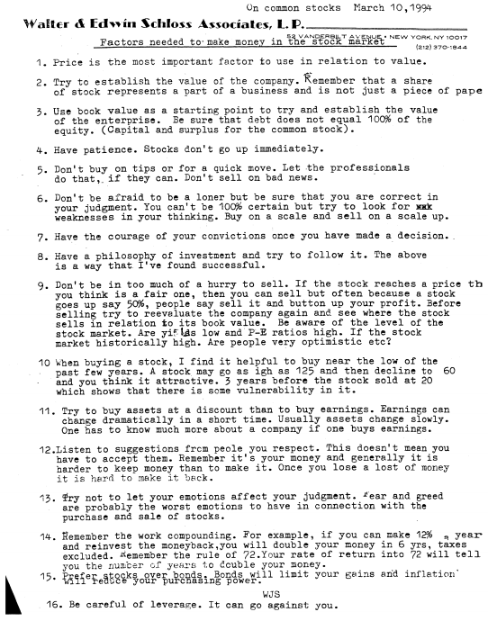Walter Schloss's 16 Factors to Making Money in the Stock Market