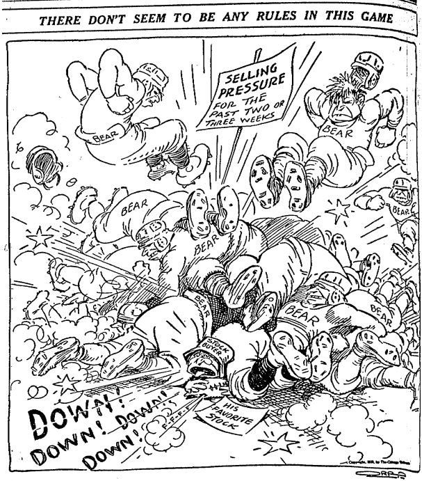 Shows a stock buyer piled on by a football team representing bear market selling pressure.