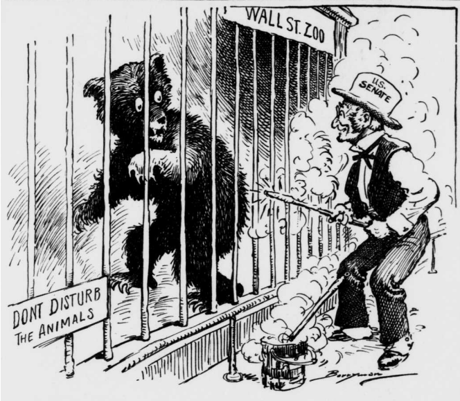 Shows the US Senate taking on stock market bears at the Wall Street Zoo