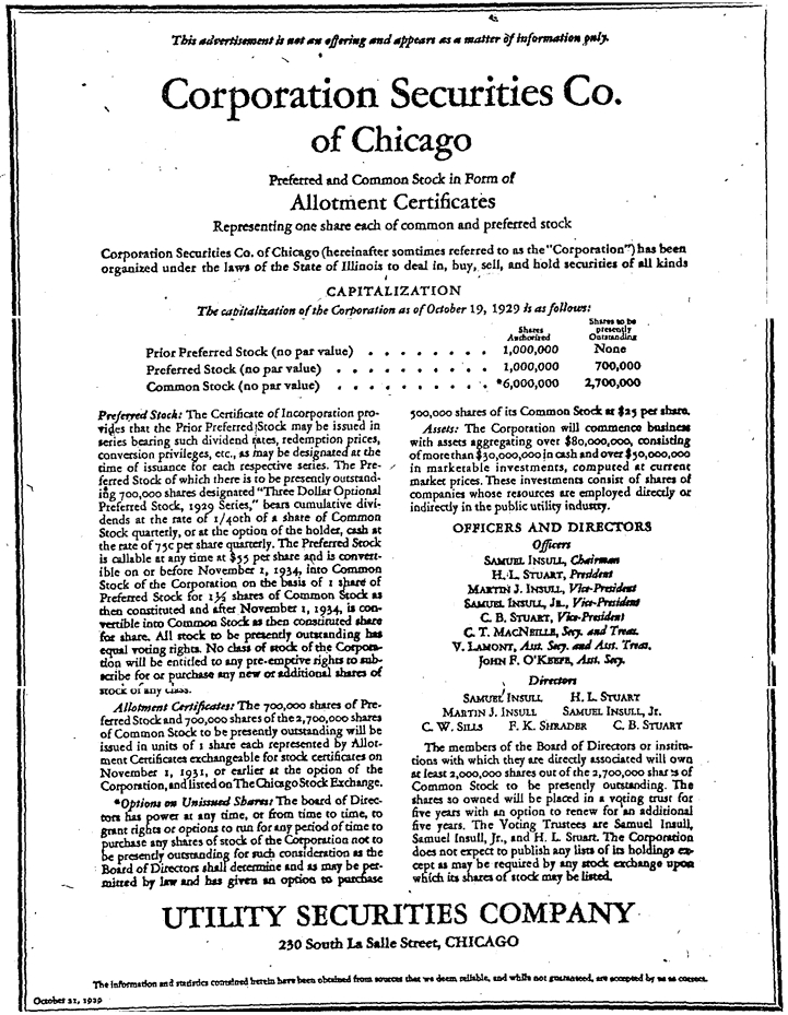 Chicago Tribune Ad for Corporation Securities Co. of Chicago, Oct. 21, 1929