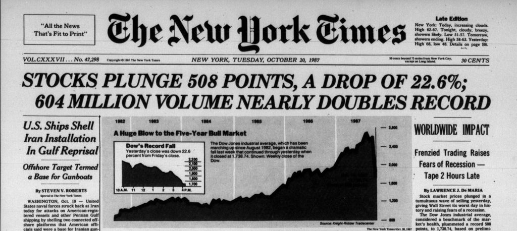 NY Times headlines: Stocks Plunge 508 Points, A Drop of 22.6%; 604 Million Volume Nearly Doubles Record